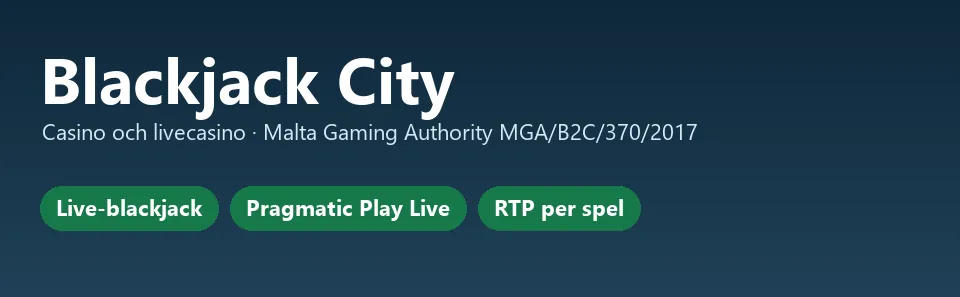 Faktakort Blackjack City: live-blackjack, Pragmatic Play Live, RTP per spel