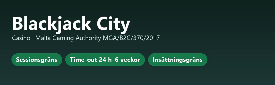 Faktakort för Blackjack City med sessionsgräns, time-out och insättningsgräns