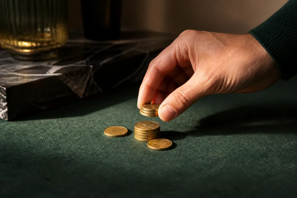 Hand som lägger tillbaka några mynt på ett grönt spelbord