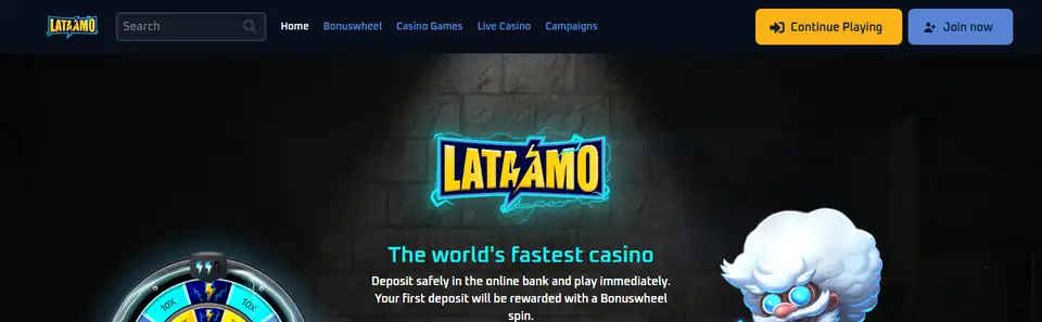 Lataamos startsida med insättning via internetbanken och Bonuswheel