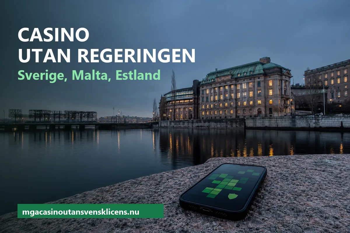 Casino utan regeringen – stenbyggnader vid vattnet i skymning och en mobil med spelrutor på en granitkaj