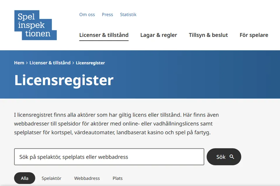Spelinspektionens licensregister med sökrutan för spelaktör, spelplats eller webbadress
