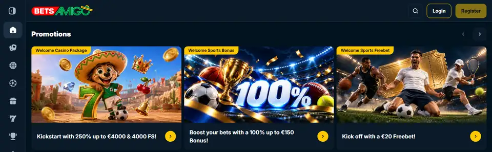 BetsAmigo startsida med välkomstpaketet för casino samt sportbonus