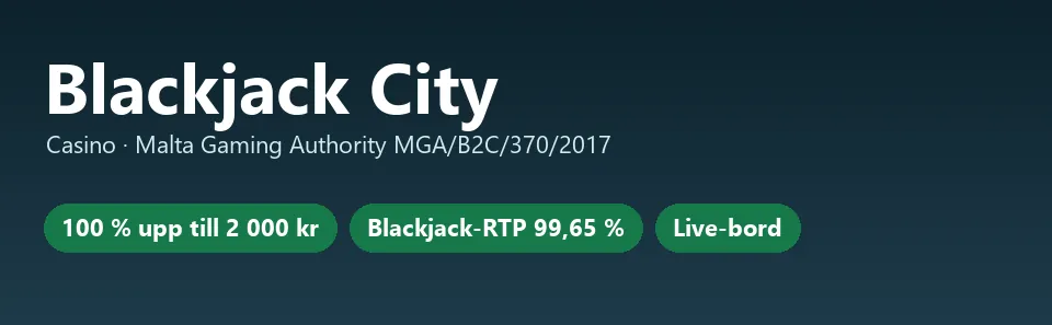Faktakort för Blackjack City med MGA-licens