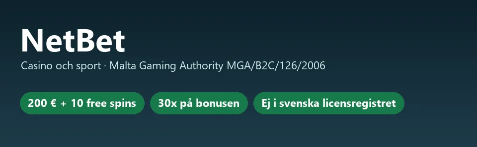 Faktakort för NetBet med MGA-licens och välkomstbonus