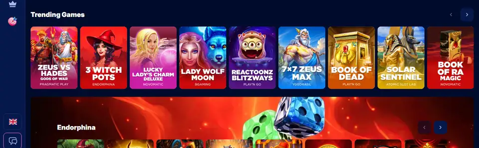 Lunar Spins spellobby med populära spel från Pragmatic Play, Endorphina, Novomatic, Play'n GO och Yggdrasil