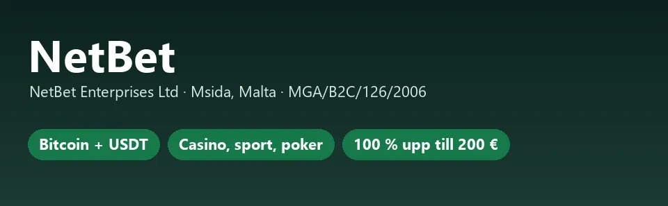 Faktakort för NetBet med Bitcoin och USDT, casino, sport och poker