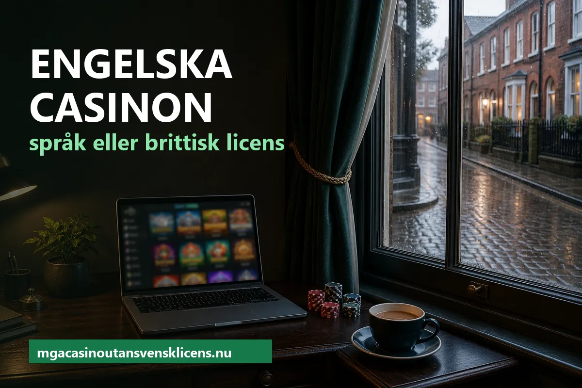 Bärbar dator med en suddig spellobby på ett skrivbord vid ett fönster mot en regnig engelsk gata med tegelhus, bredvid en kopp te och några spelmarker