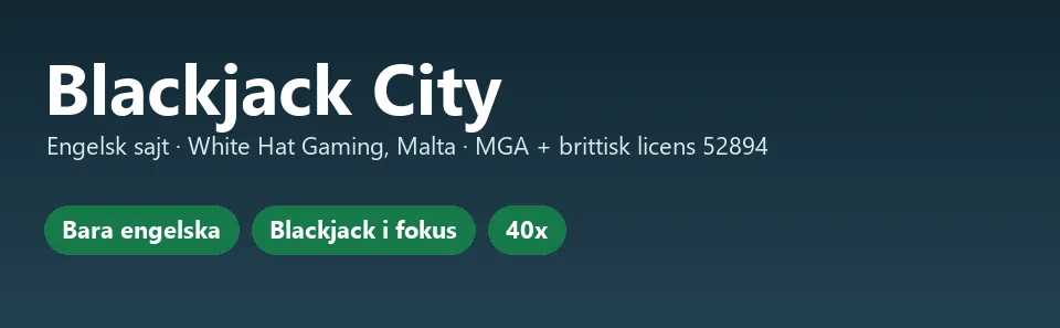 Faktakort för Blackjack City: engelsk sajt, White Hat Gaming på Malta, MGA-licens och brittisk licens 52894