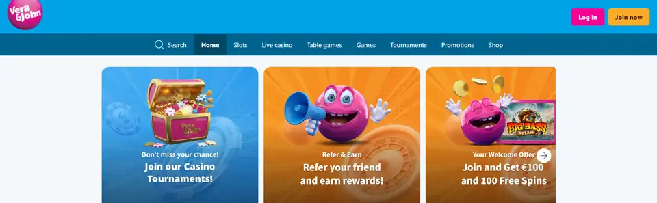 Vera&Johns engelska startsida med menyn Slots, Live casino och Table games och välkomsterbjudandet 100 euro och 100 free spins