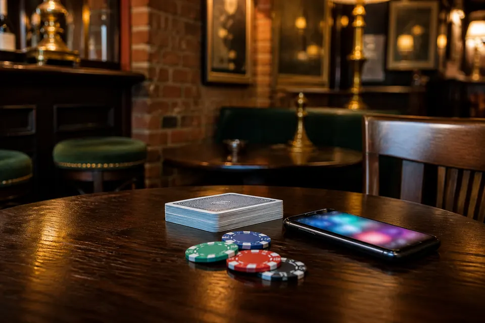 Spelmarker, en kortlek och en mobiltelefon med suddig skärm på ett mörkt träbord i en lugn engelsk pub med tegelvägg