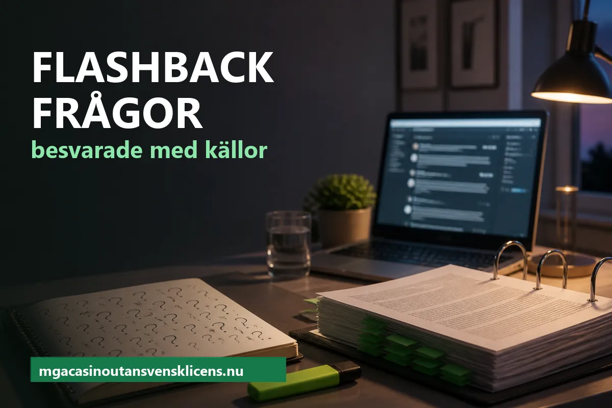 Flashback casino utan svensk licens – anteckningsblock med frågetecken, en tjock pärm med villkor och en bärbar dator med en suddig forumsida