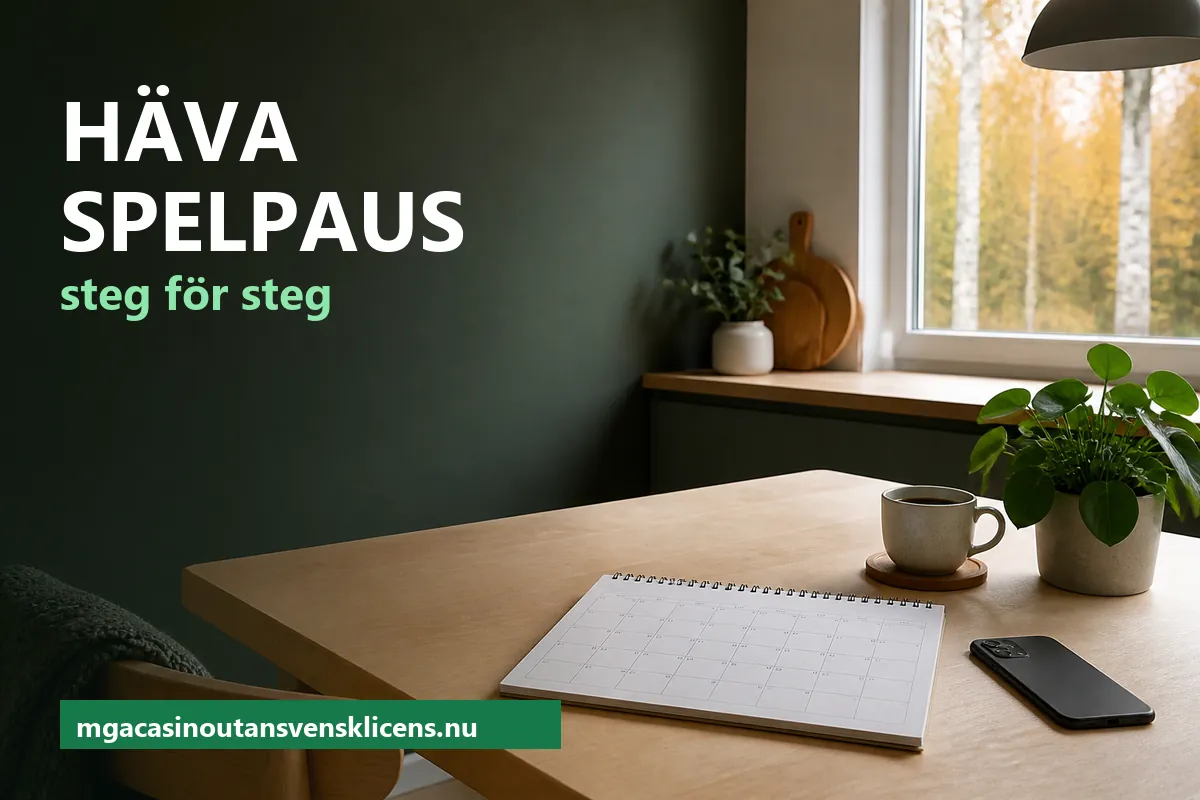 Häva Spelpaus – en kalender och en mobil på ett ljust köksbord vid ett fönster med björkar, med en kopp kaffe bredvid