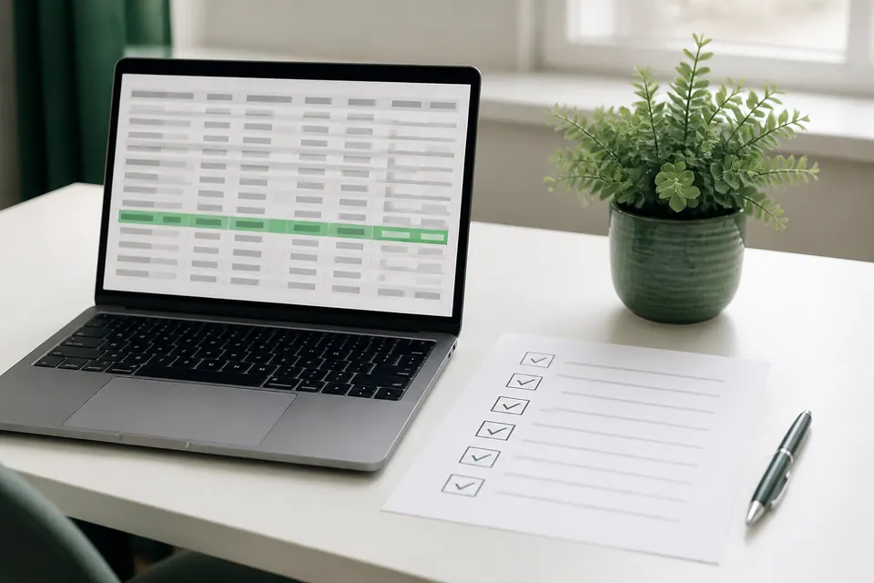 Licensregister för casino – laptop med ett register där en rad är markerad i grönt, bredvid en checklista