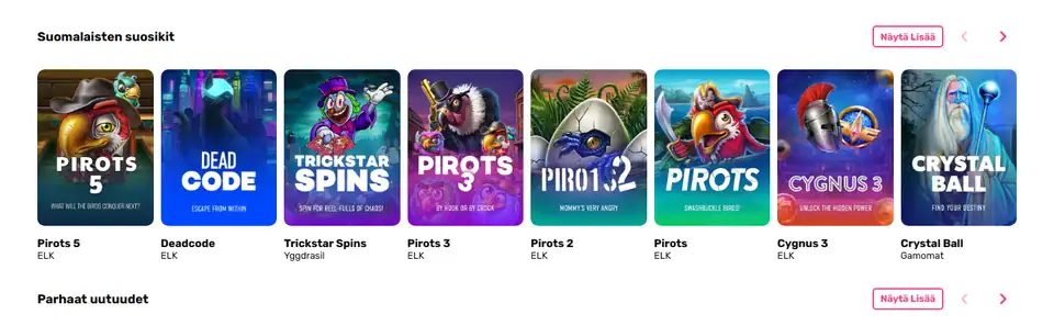 Vauhdikas finska startsida med spelraden Suomalaisten suosikit och slots som Pirots 5 och Deadcode