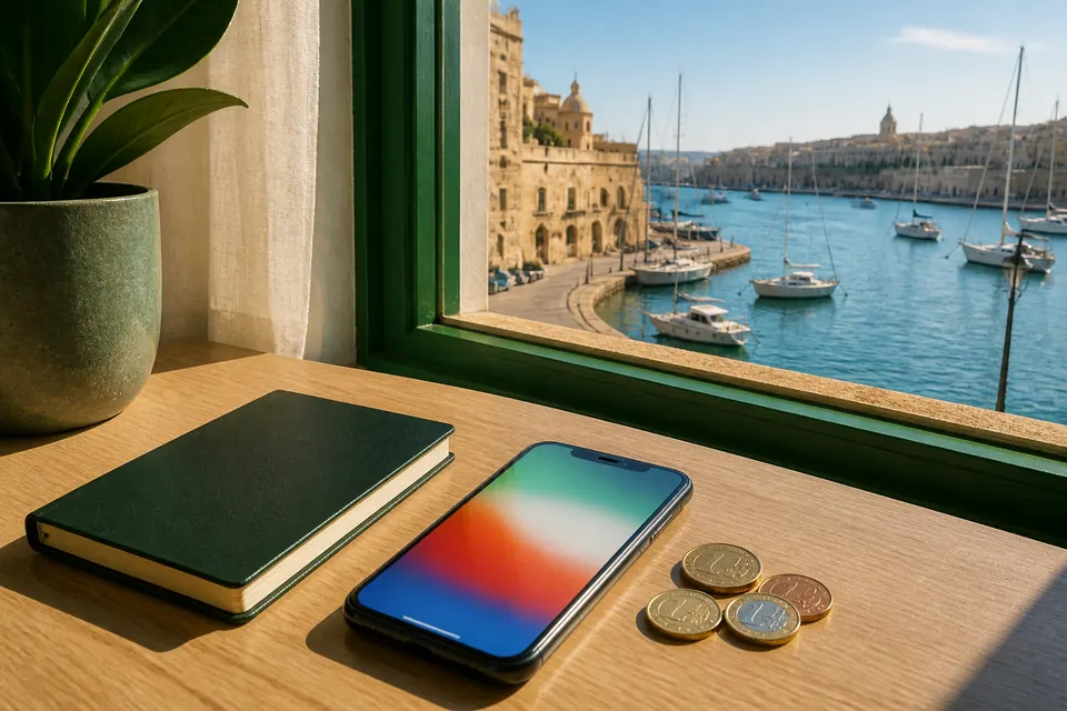 Pass, mobiltelefon och några euromynt på ett ljust träbord vid ett fönster mot en hamn med segelbåtar