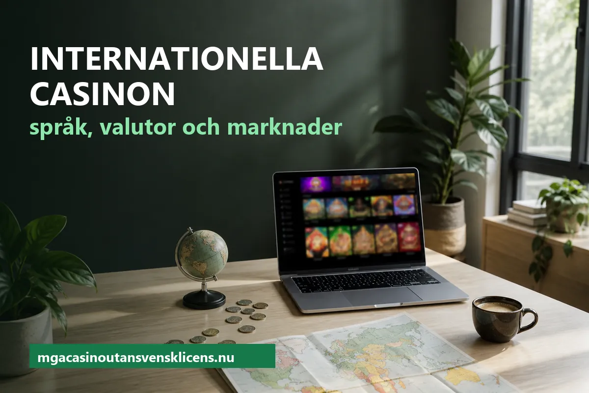 Bärbar dator med en suddig spellobby på ett ljust skrivbord, bredvid en liten jordglob, några mynt, en uppslagen världskarta och en kaffekopp
