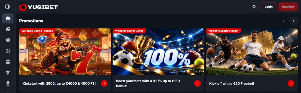 YugiBets startsida med Welcome Casino Package, sportbonus och freebet