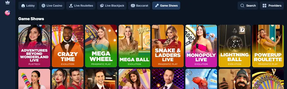 KudosBets flik Game Shows med Crazy Time, Mega Wheel, Mega Ball, Snake & Ladders Live och MONOPOLY Live