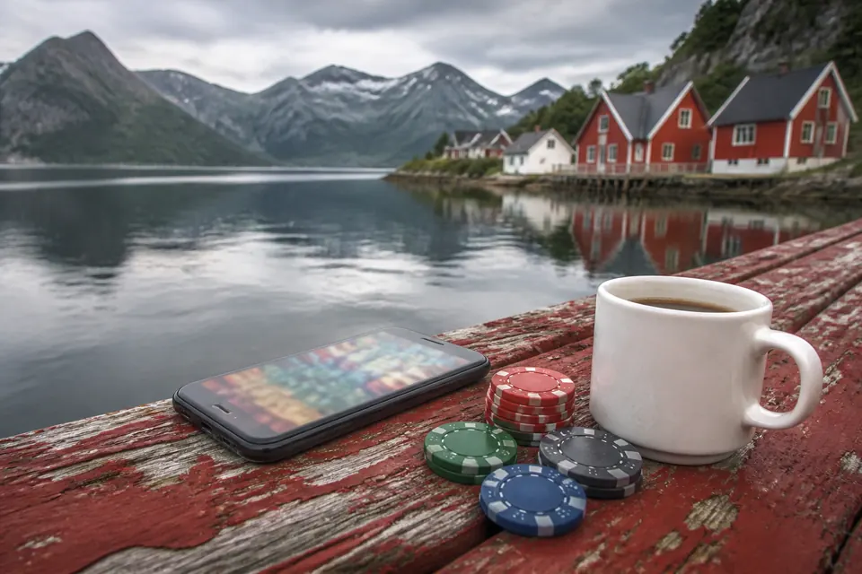 Mobiltelefon med suddig skärm, några spelmarker och en kopp kaffe på en röd träbrygga vid en lugn norsk fjord