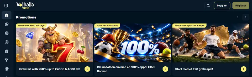 Valhalla Wins norska startsida med kampanjerna för casino, sportbonus och gratisspill