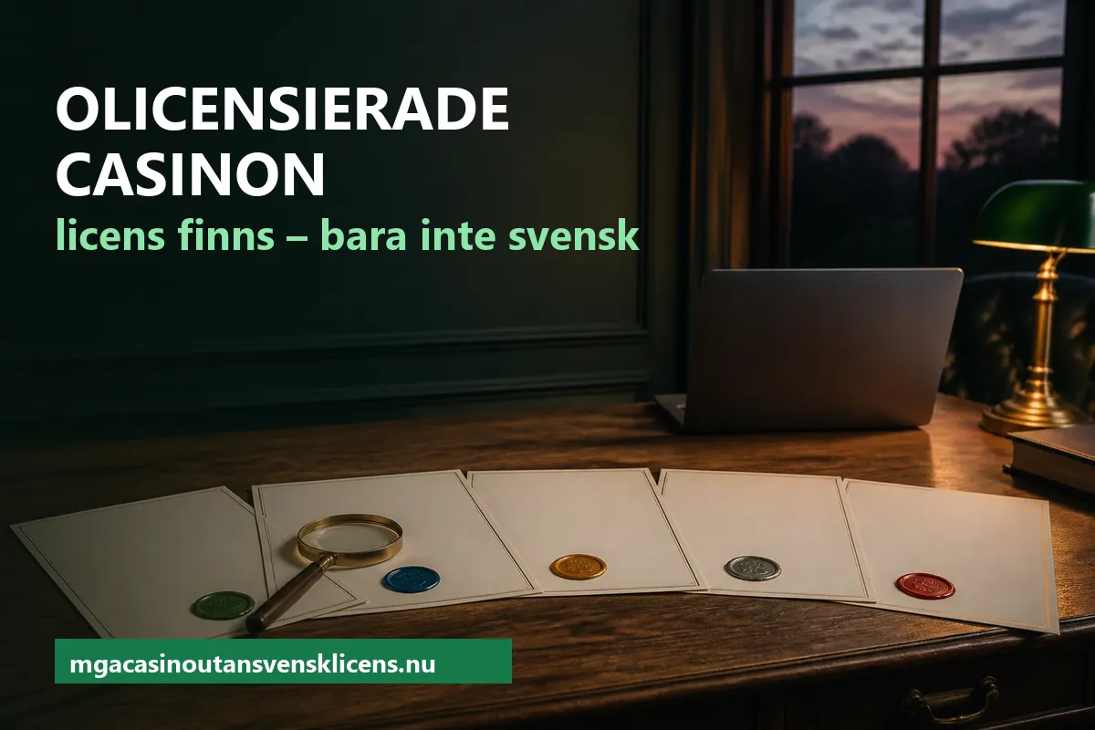 Olicensierade casinon – fem tomma licensbrev med sigill i olika färger och ett förstoringsglas på ett skrivbord i skymningen