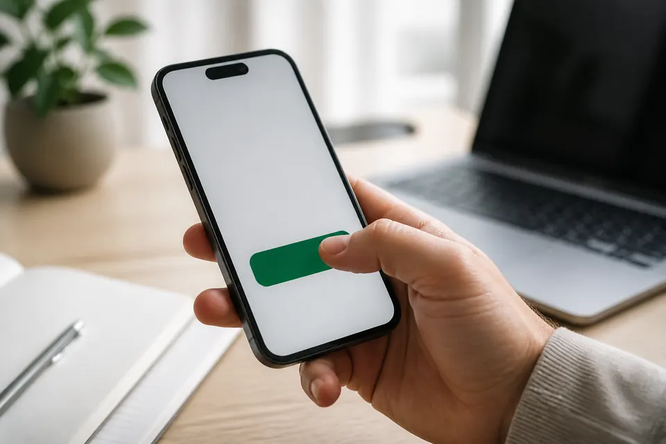 Hand som godkänner en betalning i mobilen ovanför ett skrivbord med en öppen laptop