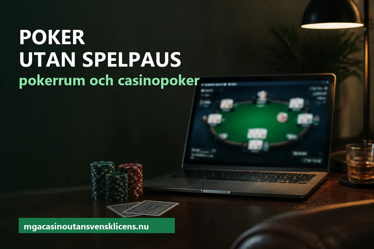Laptop med ett pokerbord på skärmen, marker och två spelkort på ett skrivbord i lampljus – poker utan Spelpaus