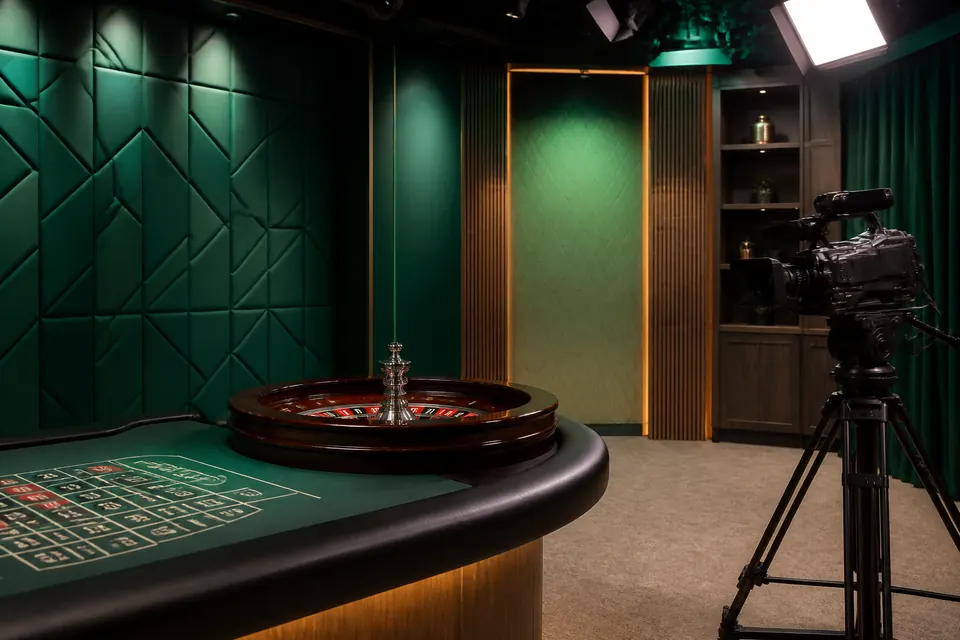 Tom livecasinostudio med ett roulettehjul på ett böjt bord och en tv-kamera på stativ