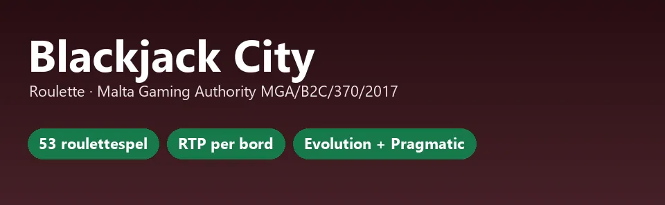 Faktakort för Blackjack City med licens, 53 roulettespel och RTP per bord