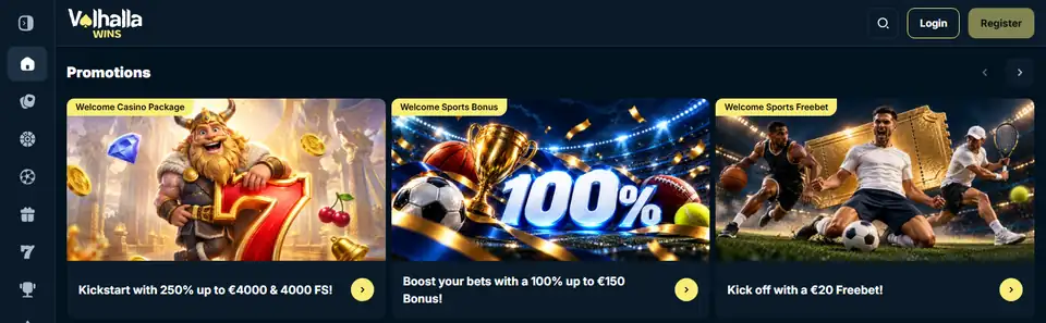 Valhalla Wins startsida med kampanjerna Welcome Casino Package, Welcome Sports Bonus och Welcome Sports Freebet