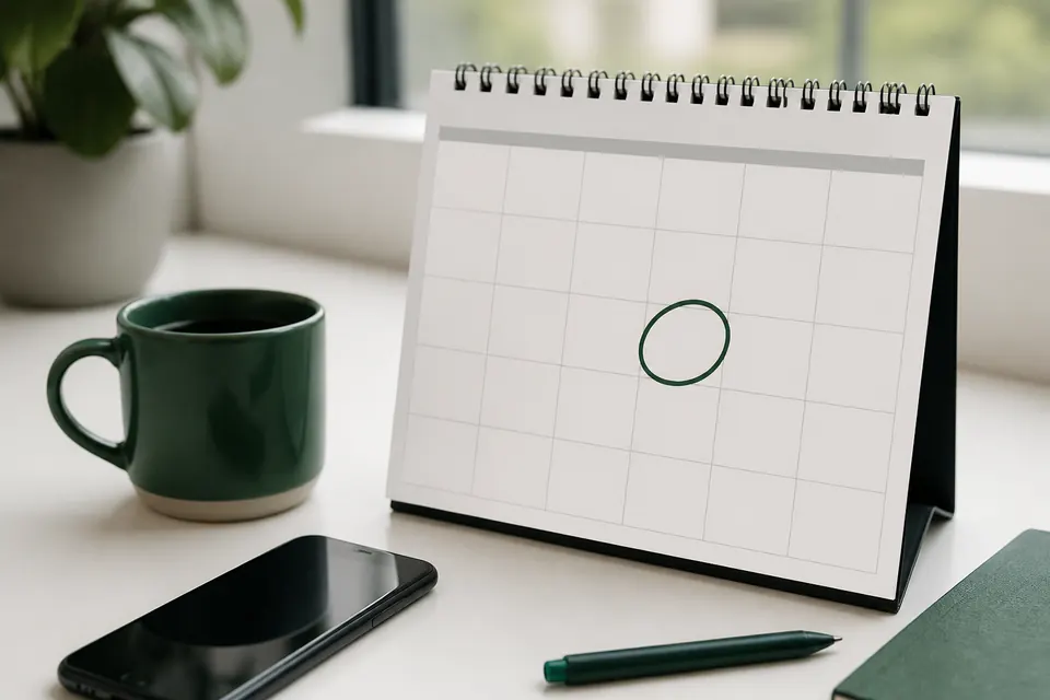 Bordskalender utan siffror med en inringad ruta bredvid en grön kaffekopp och en mobiltelefon på ett skrivbord