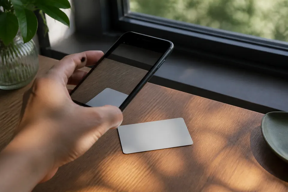 Hand som fotograferar ett id-kort utan text med en mobiltelefon vid ett fönster i dagsljus