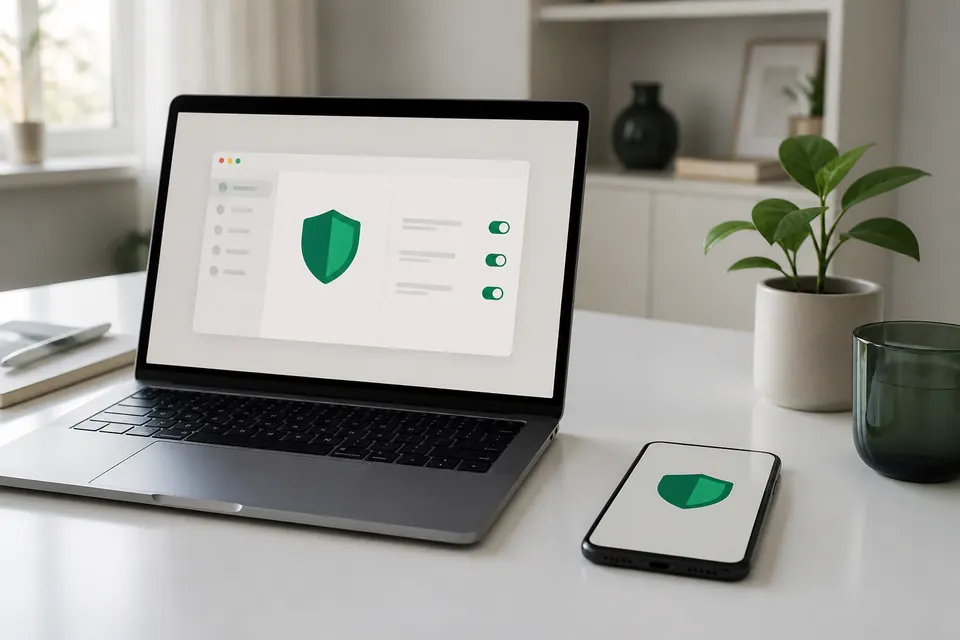 Blockera spelsidor på dator och mobil – en laptop och en mobil på ett skrivbord med ett abstrakt inställningsfönster och en grön sköld på skärmen
