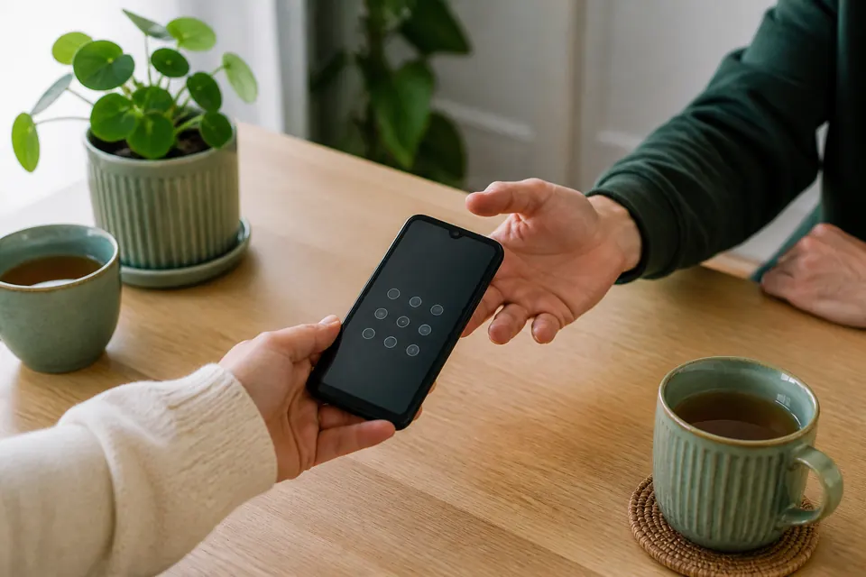 Blockera casino på iPhone – två händer som lämnar över en mobil med ett abstrakt kodlås på skärmen vid ett köksbord