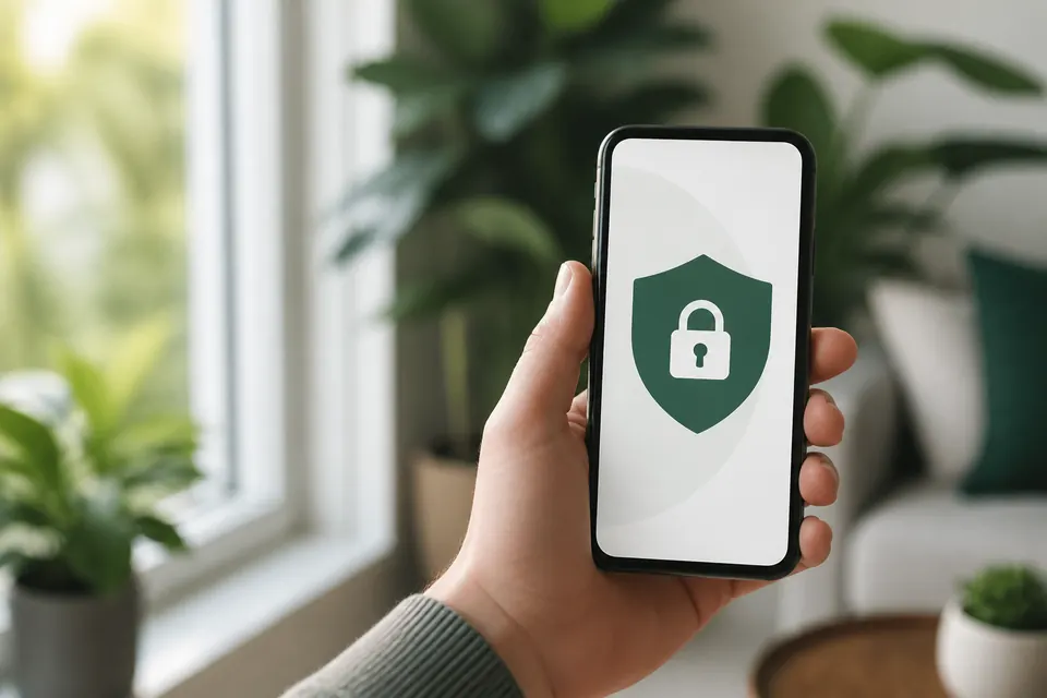 Blockera utländska casino i mobilen – en hand som håller en mobil med en grön sköld på skärmen vid ett fönster