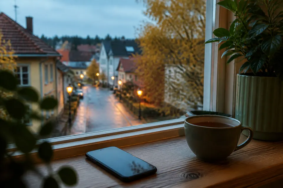 Stöd när du spärrar dig – en mobil och en kopp te på en fönsterbräda med utsikt över en lugn svensk gata en höstkväll