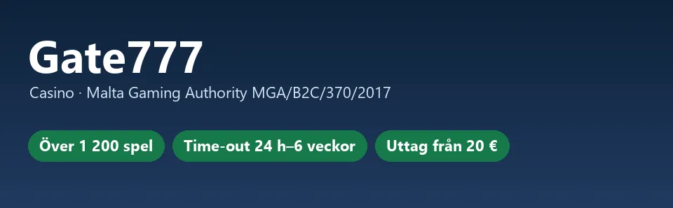Faktakort för Gate777 med licensnummer MGA/B2C/370/2017, över 1 200 spel och uttag från 20 €