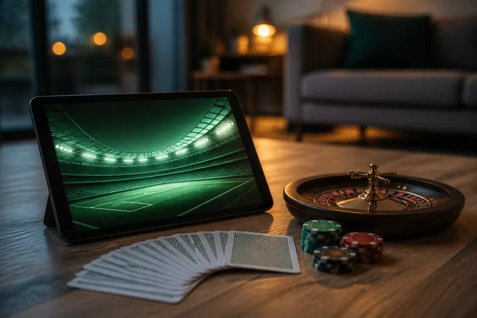 Spelsajter utan svensk licens – en surfplatta med en sportarena på skärmen bredvid en kortlek, pokermarker och en liten roulette på ett trägolv i kvällsljus