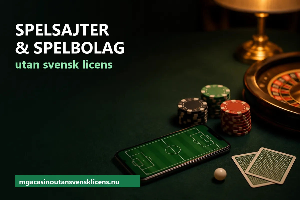 Spelsajter utan svensk licens – en mobil med en fotbollsplan på skärmen bredvid spelkort, pokermarker och en roulettekula på ett mörkgrönt bord