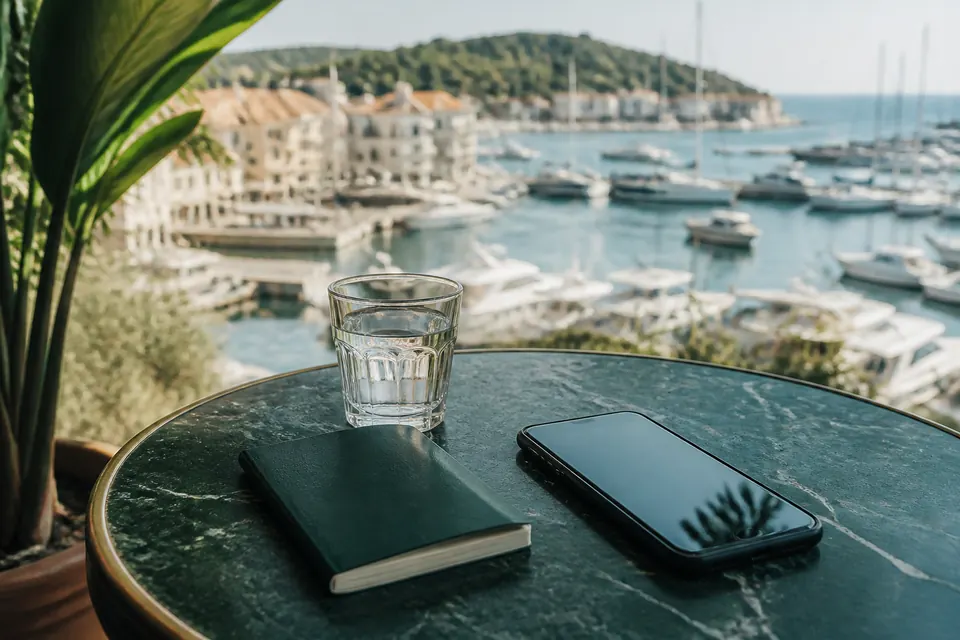 Mobiltelefon, en anteckningsbok och ett vattenglas på ett cafébord med utsikt över en hamn i solsken