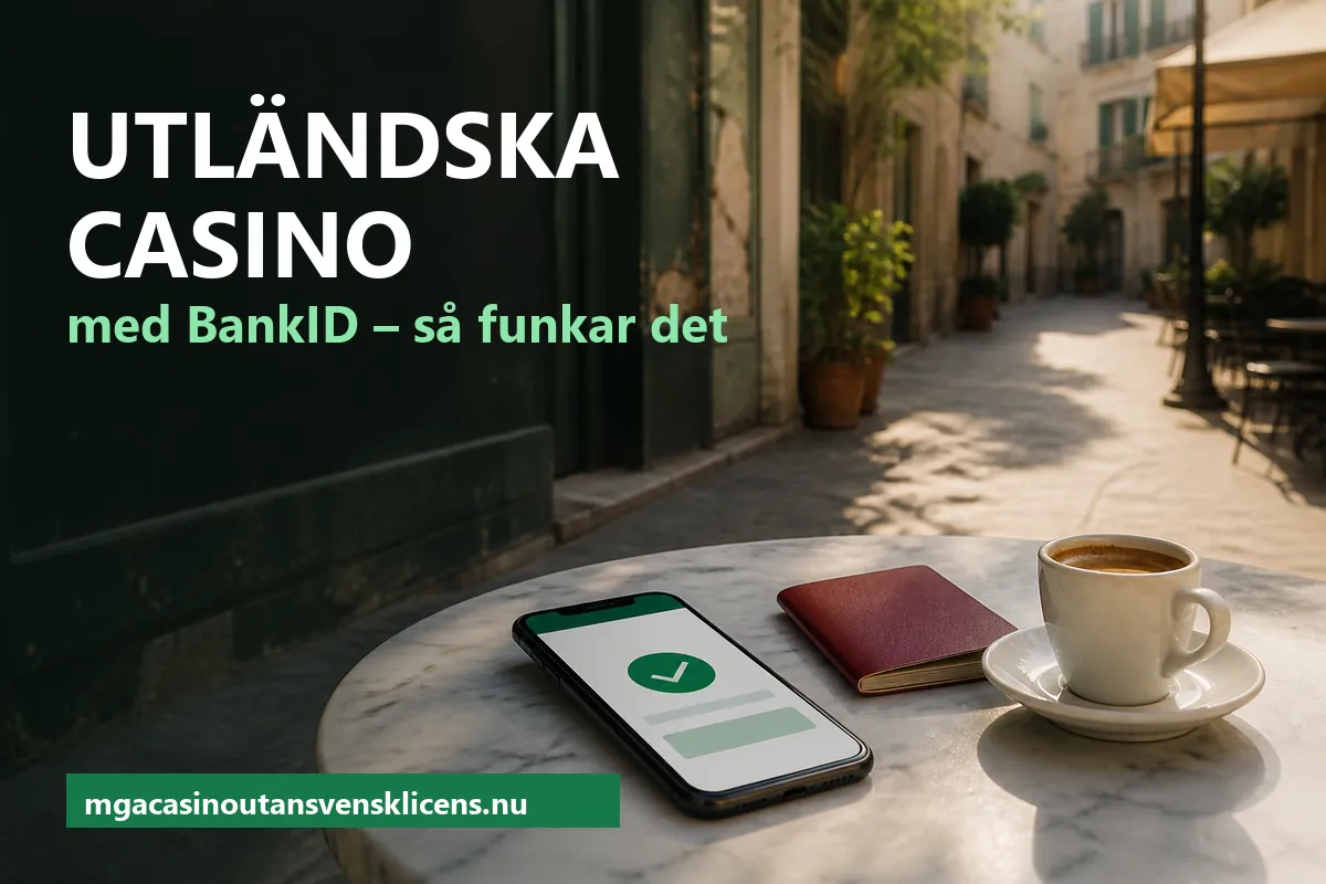 Mobiltelefon med en grön bock på skärmen, ett rött pass och en espresso på ett marmorbord vid en solig gata utomlands