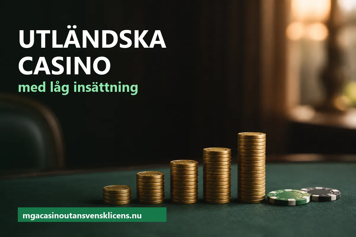 En liten stapel mynt i stigande höjd bredvid några spelmarker på ett mörkgrönt bord – utländska casino med låg insättning