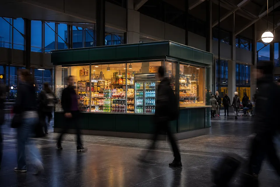 Upplyst kiosk i en stationshall på kvällen med suddiga resenärer i bakgrunden