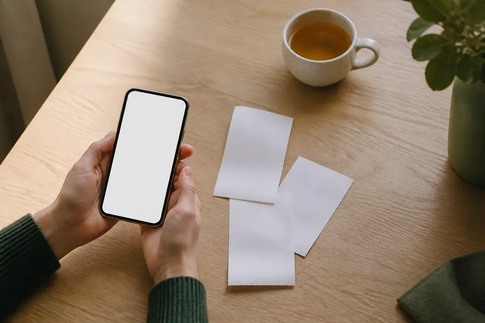 Händer som håller en mobiltelefon med blank skärm över tre små kvittolappar på ett träbord