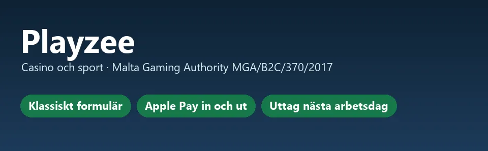 Faktakort för Playzee: klassiskt formulär, Apple Pay in och ut, uttag nästa arbetsdag