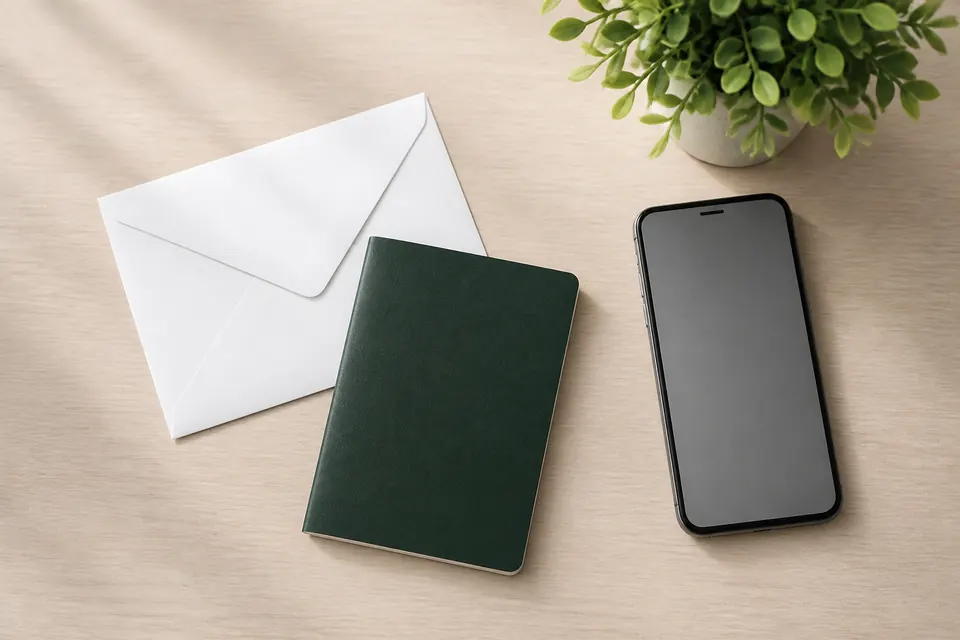 Kuvert, ett pass och en mobiltelefon på ett ljust skrivbord med en grön växt