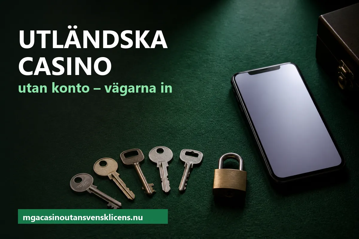 Fem olika nycklar på ett mörkgrönt filtunderlag bredvid en mobiltelefon – olika vägar in på ett utländskt casino utan konto
