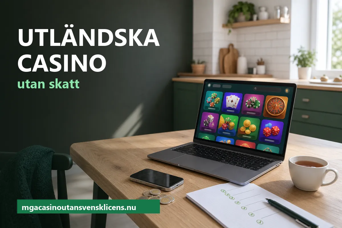 Utländska casino utan skatt – laptop med en spellobby, en mobil, euromynt och en avbockad checklista på ett köksbord