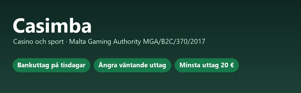 Faktakort om Casimbas uttag: väntetid, bankuttag på tisdagar och ångra-knapp